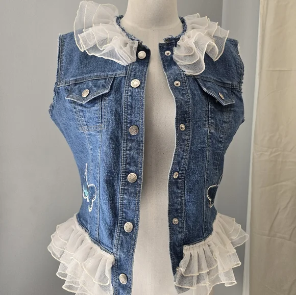 Upcycled Denim Vest with Ruffle Trim and Butterfly Patch Size Medium - Picture 6 of 11